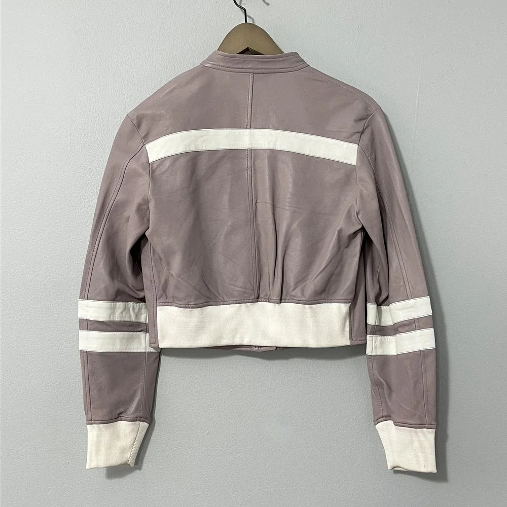 JKT NYC Leather Jacket Womens XS Purple White Stripe‎ Moto Racer Cropped Rib Hem